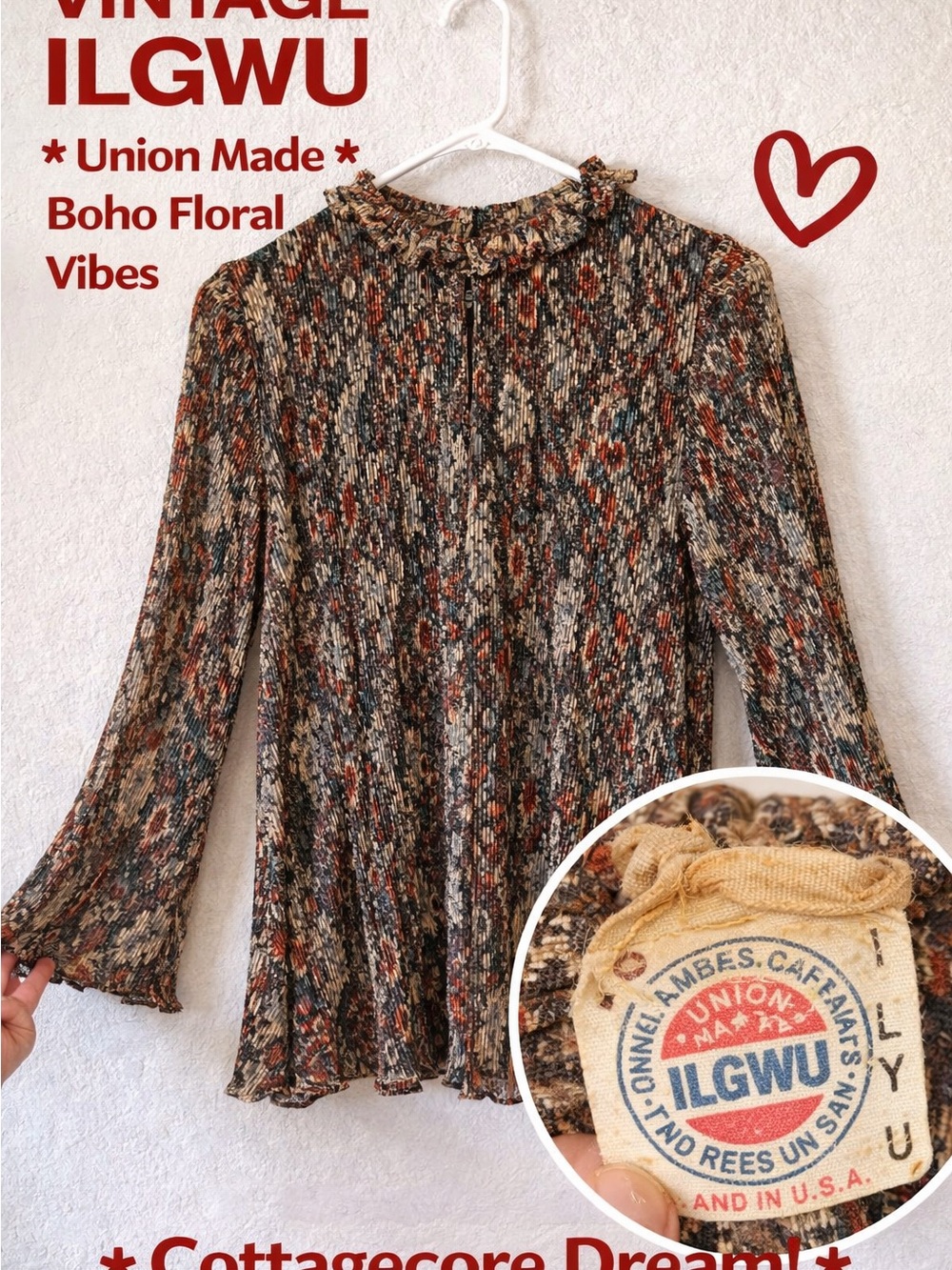 Prairie Floral Pleated Sheer Blouse Ruffle Neck Boho Cottagecore Vintage ILGWU - Picture 7 of 12